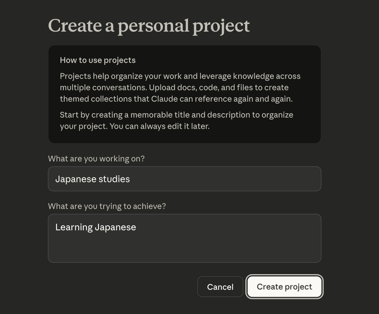 Claude project creation
